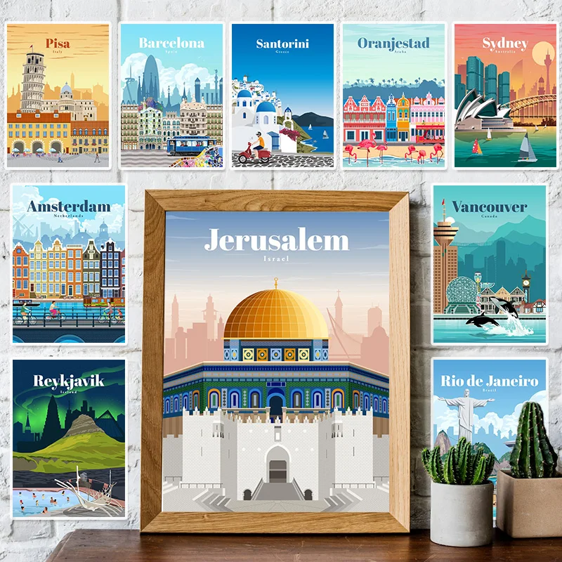 World Travel Poster London Sydney Florence Santorini Bali Cairo Jerusalem Wall Art Picture Canvas Print Room Home Decor Painting