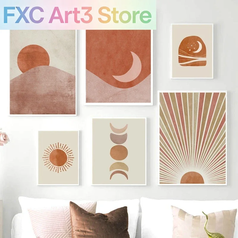 1 Stück rahmenloses Morandi-Poster „Der Sonne und der Mond“ Leinwandgemälde, nordisches Wandkunst-Poster, Druck für Wohnzimmer, Schlafzimmer, Wandbild