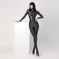 Women Long Sleeved Elastic Jumpsuit Tight Shiny Back Zipper Bodysuit Silky Satin Pantyhose Sexy Elegant One-pieces Bodycon