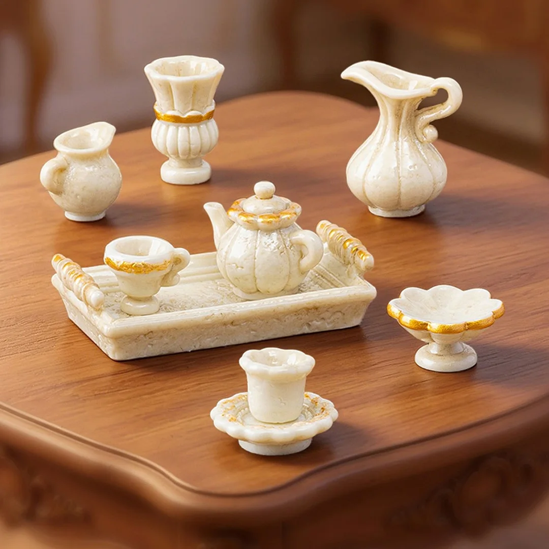 9Pcs New Tea Set European Retro Style Figurine DIY Home Decor Miniature Landscape Fairy Garden Decoration Accessories Modern