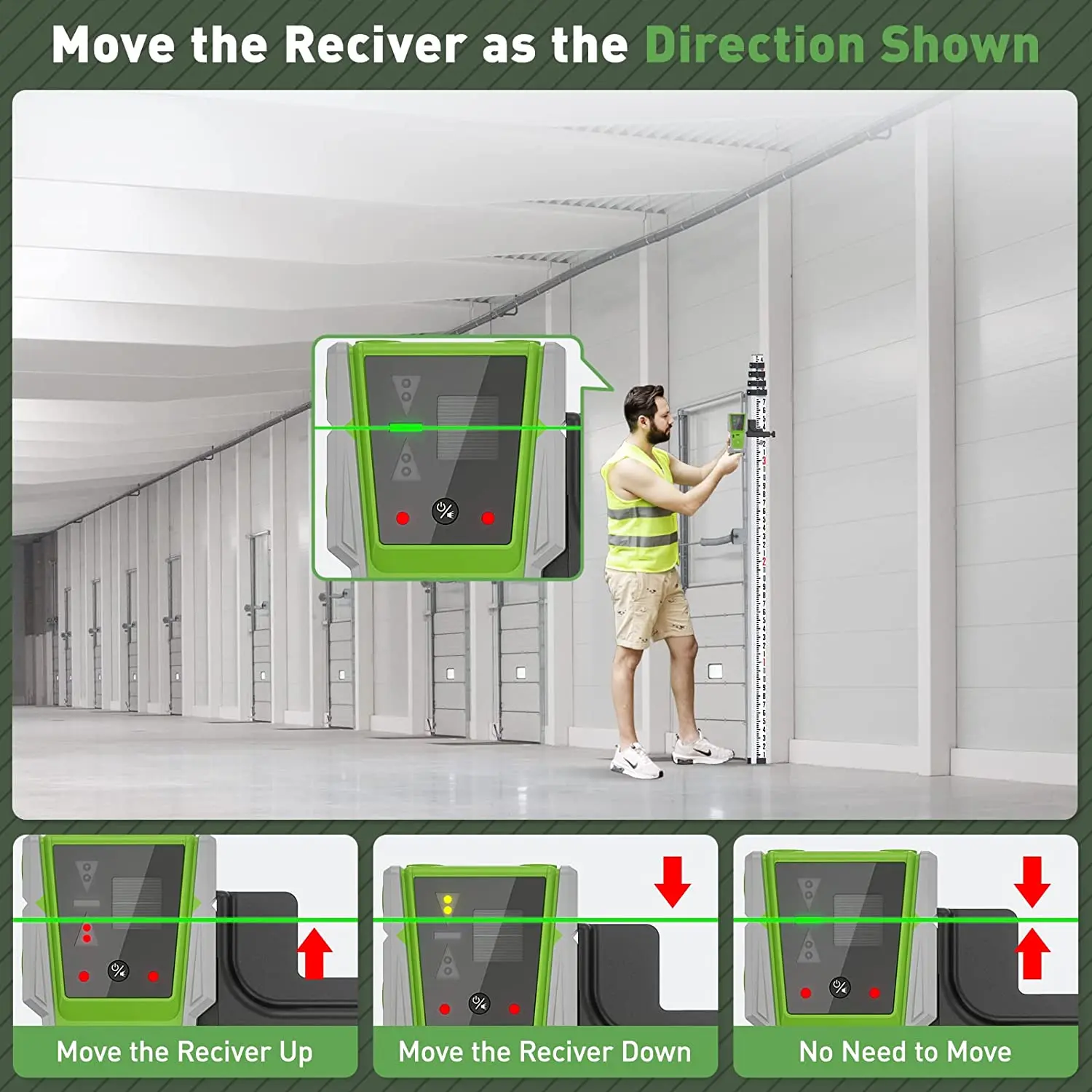 Huepar Laser Receiver Green Beam Red Beam Laser Level Detector With LCD Display, For Huepar Laser Level With Pulse Mode LR-8RG