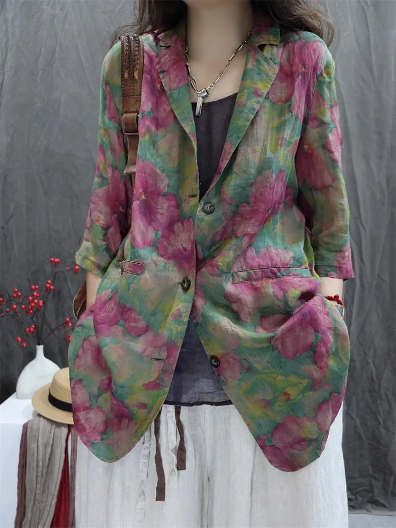 Casual Style Cotton Linen Suit Jacket Women's Summer Thin Loose Large Size Seven Sleeve Linen Top Breathable Floral Print