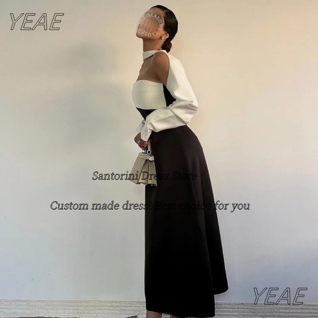 Sukienki balowe Santorini czarno-białe, długie rękawy, suknie wieczorowe, sukienki na urodziny w stylu saudyjskim, linia A, specjalne suknie bankietowe, szyte na miarę