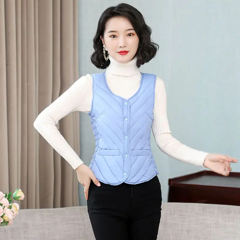 Women Autumn Winter Fashion Simplicity All-match Button Solid Color V-neck Women Clothes Appear Thin Cotton Liner Thick Vest top