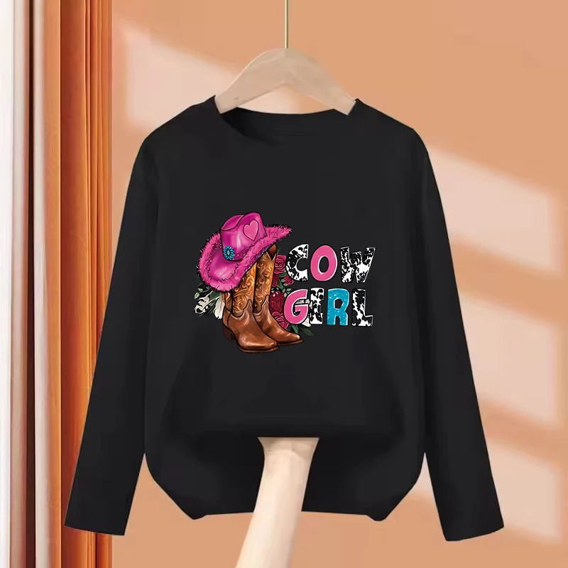 Long Sleeve Hip Hop Fashion Cow Girl Design T-Shirt Printed T Shirt Girls' Summer Kids Children's Tops Boys Cute Clothing