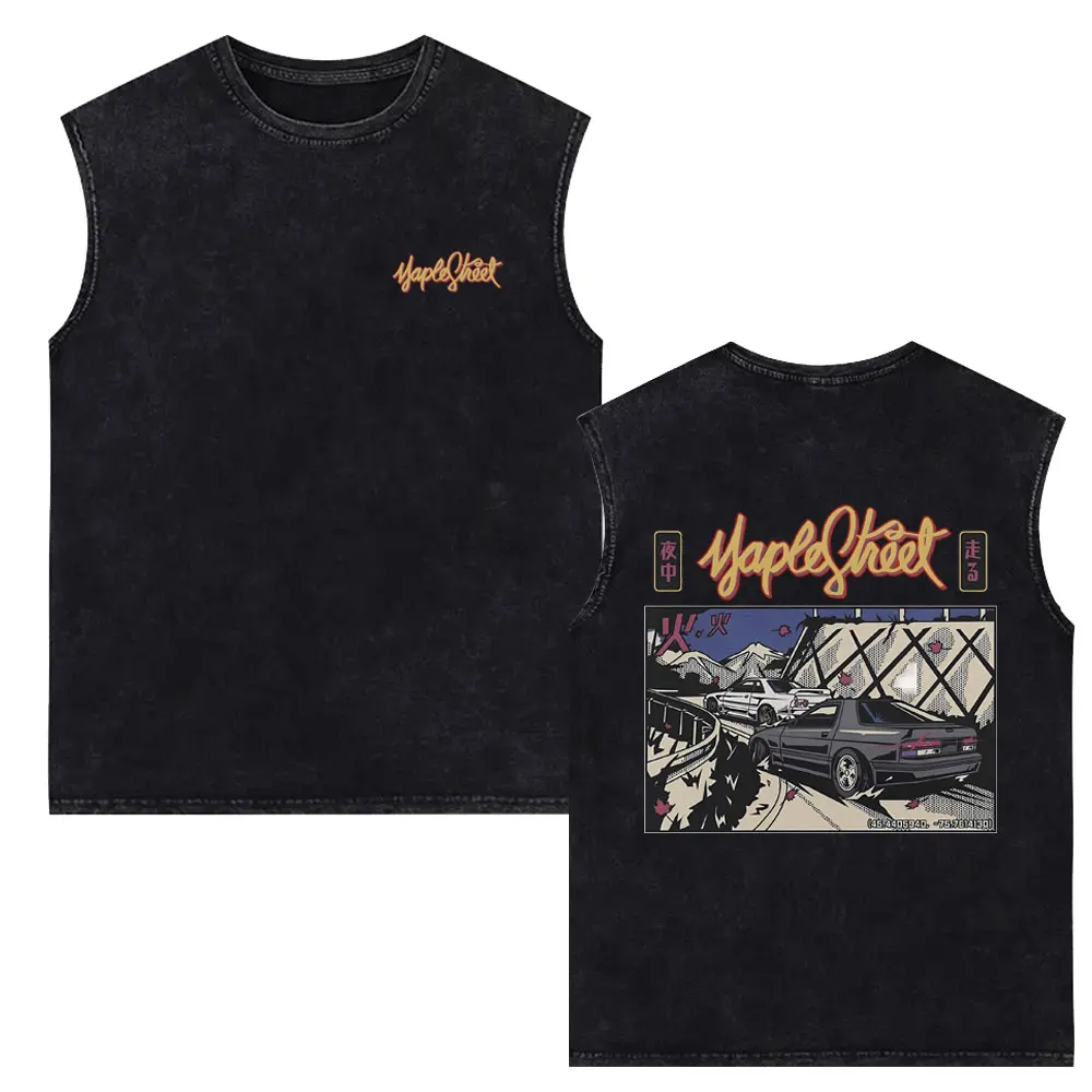 Anime Initial D Takumi Fujiwara Drift AE86 Night Chasing Vintage Washed Tank Tops Men's Cartoon Manga Sleeveless Vest T Shirts