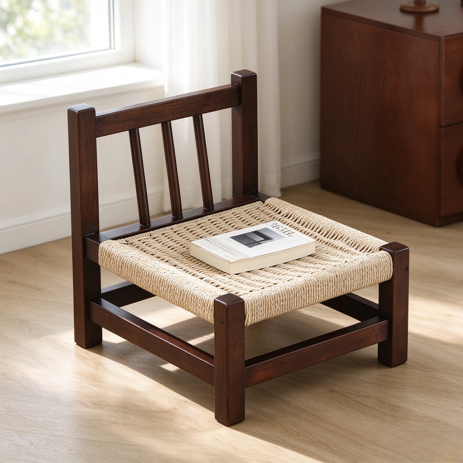 Nordic Rubberwood Rattan Backrest Low Chair, Tatami Floor Seat Ottoman Bench for Living Room, Bedroom and Small Apartment