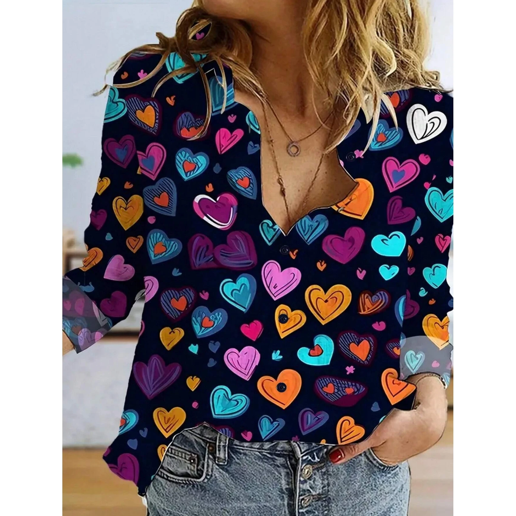 2024 Summer Love Graphic Blouses Long Sleeve Button Down Shirts Women Streetwear Loose Versatile Stand Collar Printed Shirts Top