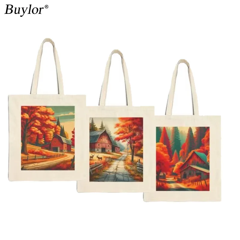 Buylor Autumn Scenery Personalized Custom White Canvas Bags Women Add Your Logo Print Tote Bag DIY Your Picture Gift Shopper Bag