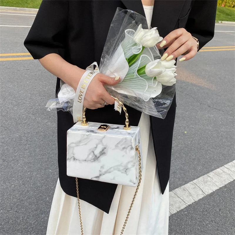 Women Acrylic Box Shoulder Bag Fashion Marble Pattern Chain Bag Women\'s Matal Hadle Clutch Evening Bag