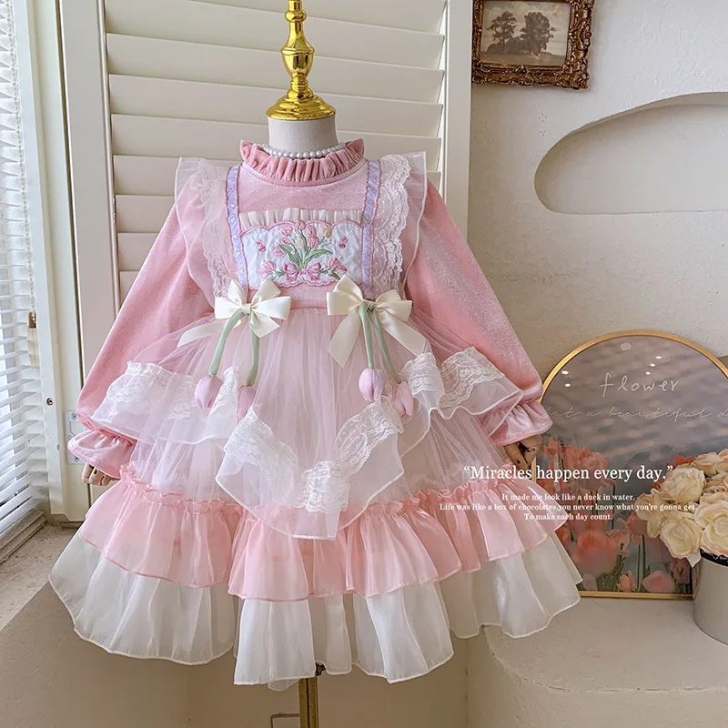 Girl Dress Autumn Winter Pompom Ball Gown Lolita Dress for Children Girl Birthday Wedding Party Dress Girl Princess Dress Clothe