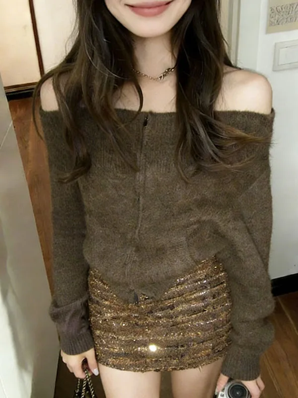 

Retro One Shoulder Knitted Sweater Women's Spring New High-End Slimming Short Skirt Two-Piece Set Elegant Fashionable