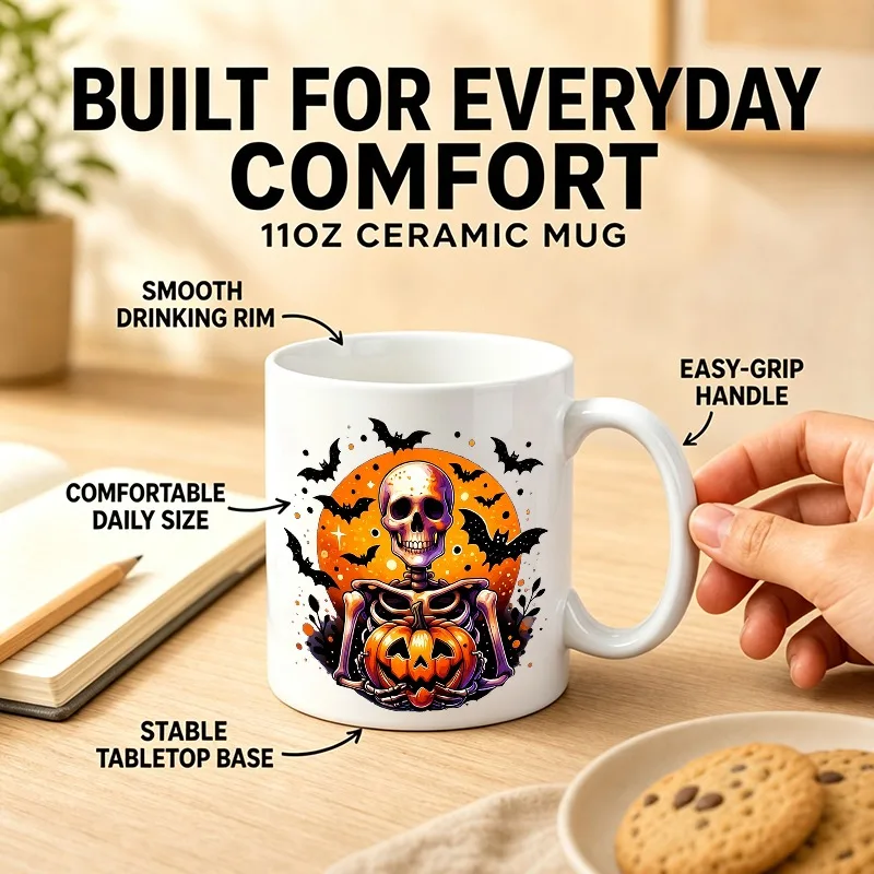 1pc 11oz Ceramic Coffee Mug with Spooky Halloween - Skeleton Holding Pumpkin & Bats, Suitable for Coffee, Tea, Cocoa, Juice, Milk, Smoothies - for, Office, Parties, Hand Wash Only for &