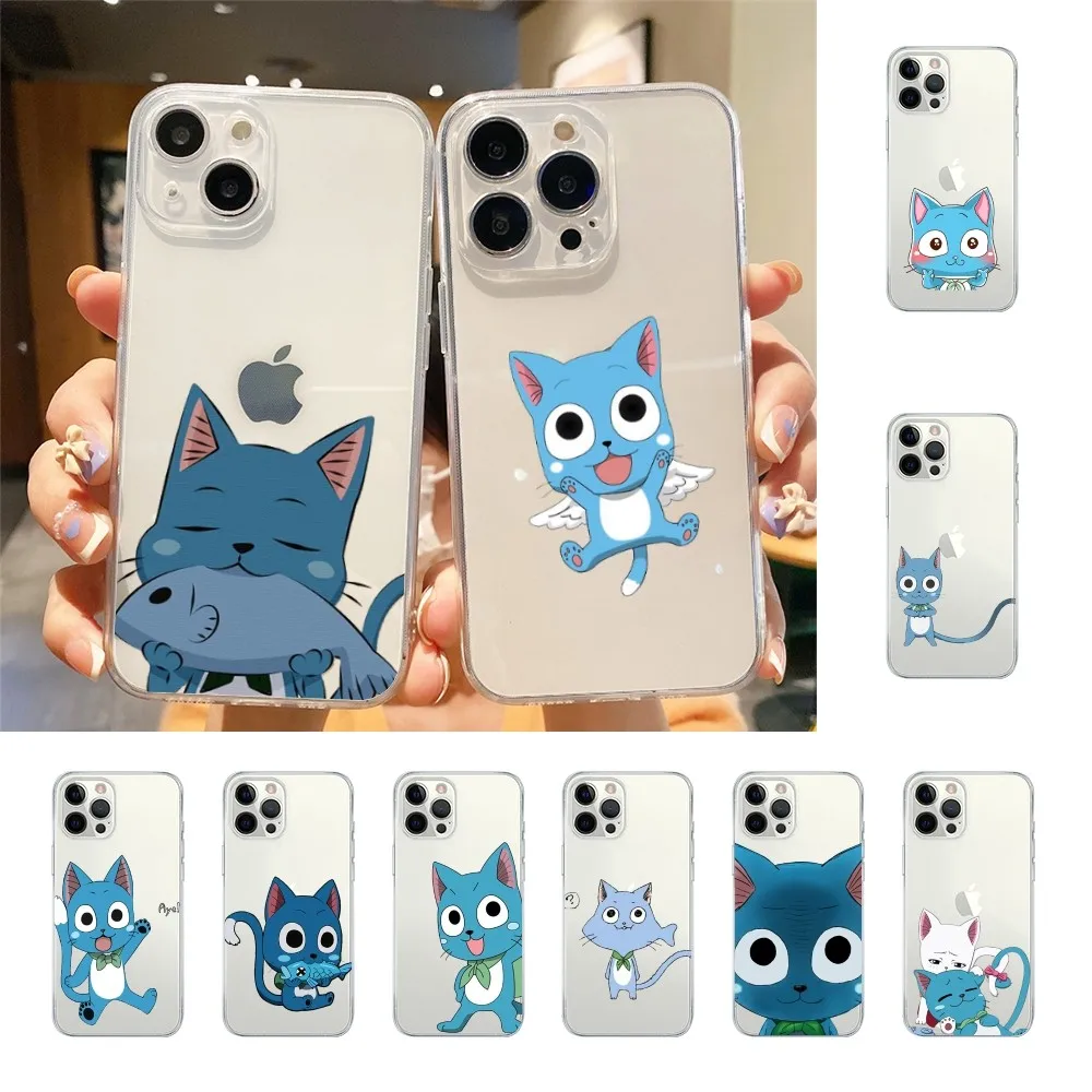 Manga Fairy Tail Happy Cute cat Phone Case For Iphone 15 11 13 14 Pro Max 7 8 Plus X Xr Xs Max Se2020 12mini Transparent Cover