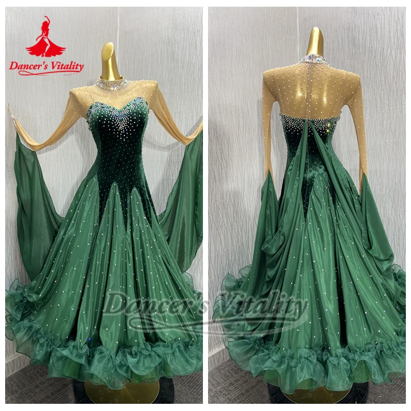 ダンサーの活力ワルツフォックストロット黒緑色ハイネック高級ABストーン優雅なドレスカスタマイズ社交ダンス服
