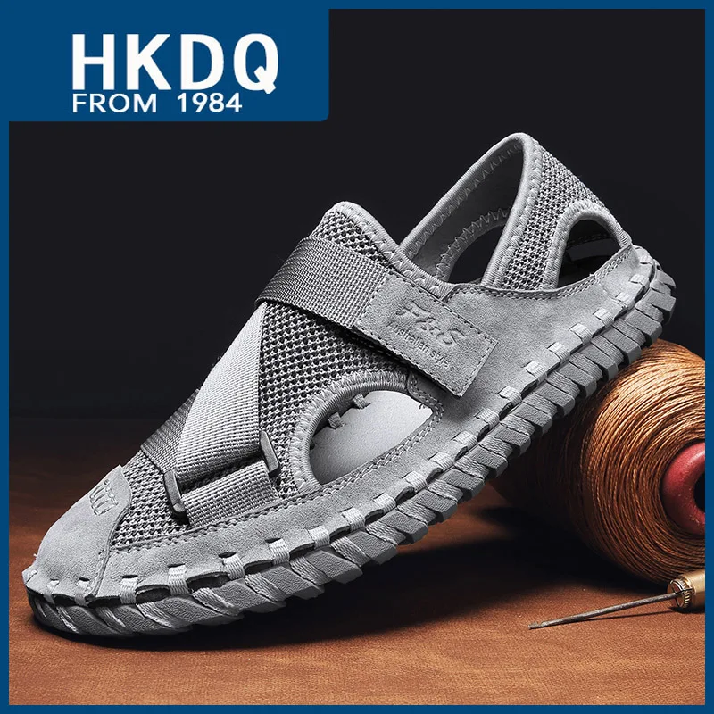 

HKDQ Gray Hollow Men's Sandal Fashion Suede Comfortable Handmade Flat Sandals Men Breathable Mesh Slip-on Summer Shoes For Man