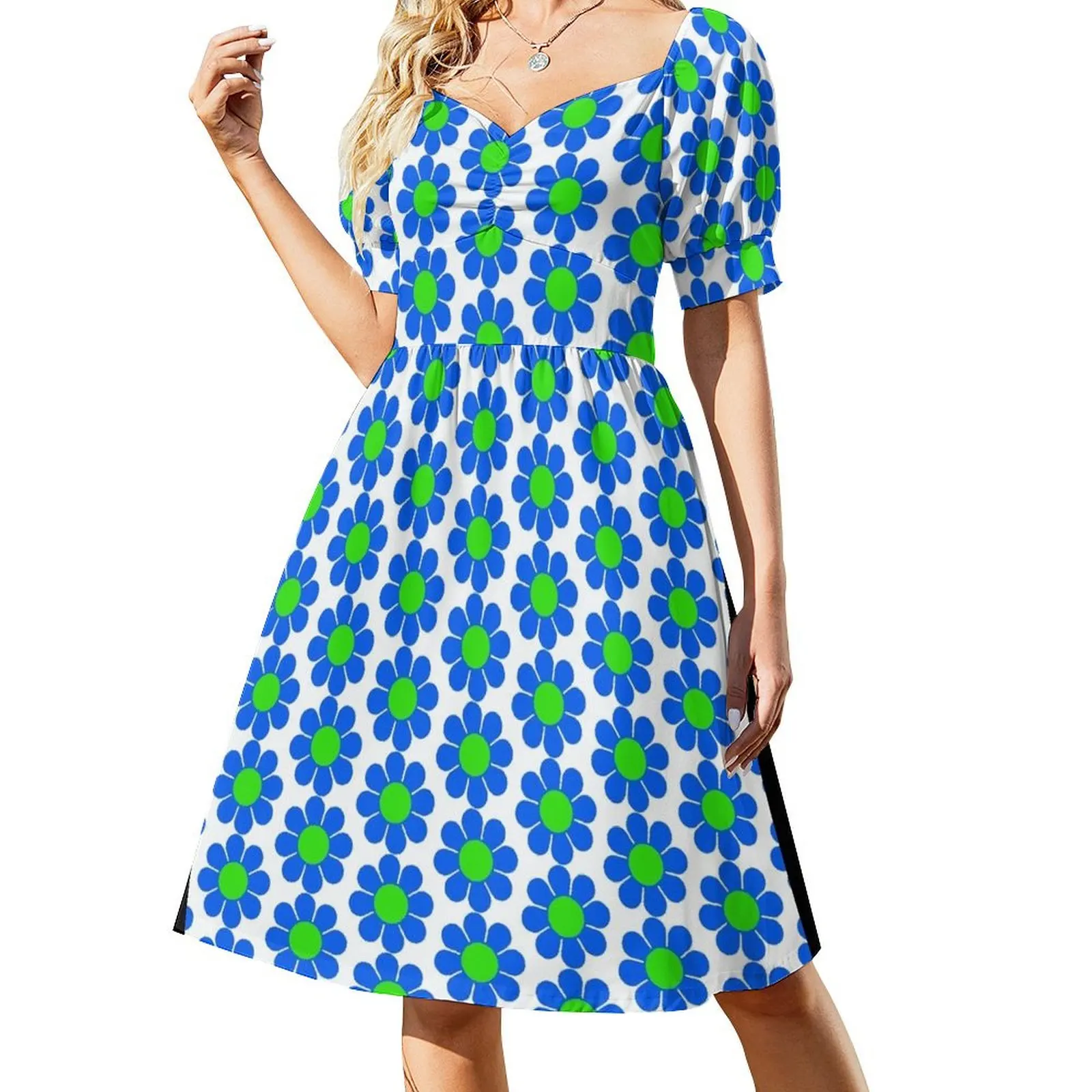 

Blue Green Hippy Flower Daisy Short Sleeved Dress women evening dress women's elegant loose dresses Dress