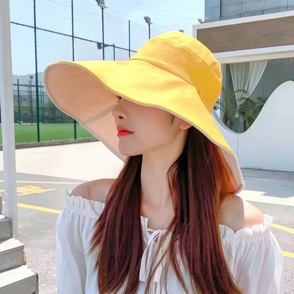 Fashion Summer Sun Hat Women Wide Brim Bucket Cap Foldable Outdoor Beach Breathable Travel Casual Anti UV Sunshade
