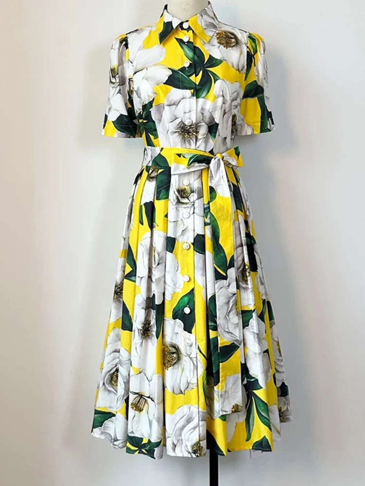 Elegante abito con stampa in vita con cintura a maniche corte 2025 primavera ed estate nuova gonna a camicia lunga altalena monopetto con risvolto da donna