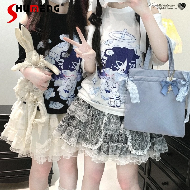 

2025 Summer New Japanese Style Rojita Subculture T-Shirt Original Pattern Zipper Off-Shoulder Loose Short Sleeved Pullover Tees