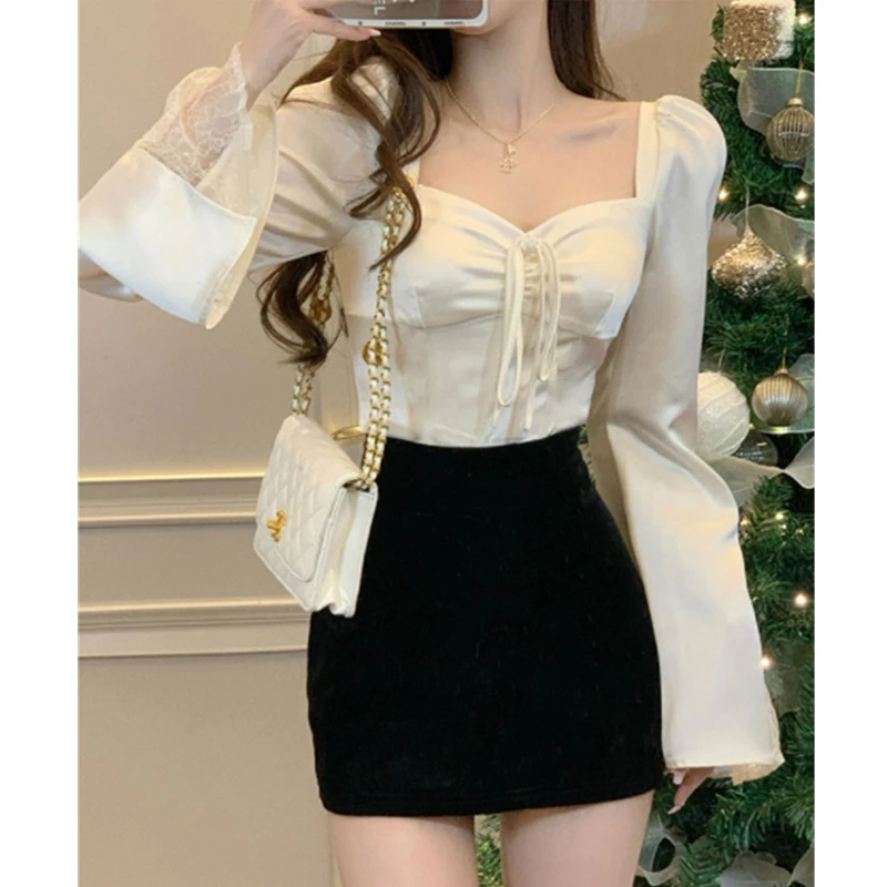 Women Vintage Fashion Luxury Satin Lace Up Fairy Blouse Elegant Ruched Square Neck Shirt Female Sexy Solid Long Sleeve Slim Tops