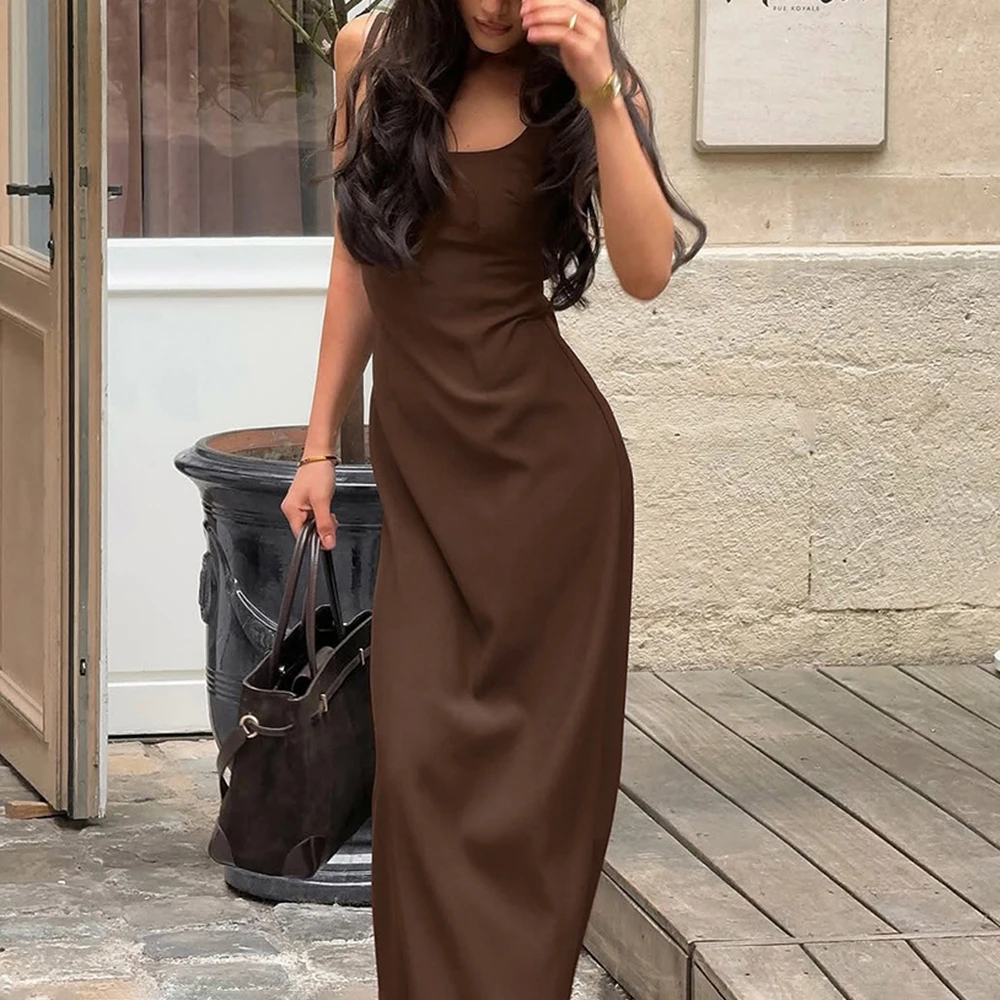 

Talenza Brown Vintage Long Dress Women's Elegant Slim Spaghetti Strap Dress Summer Luxury Party Looks Sexy Maxi Dress Vestidos