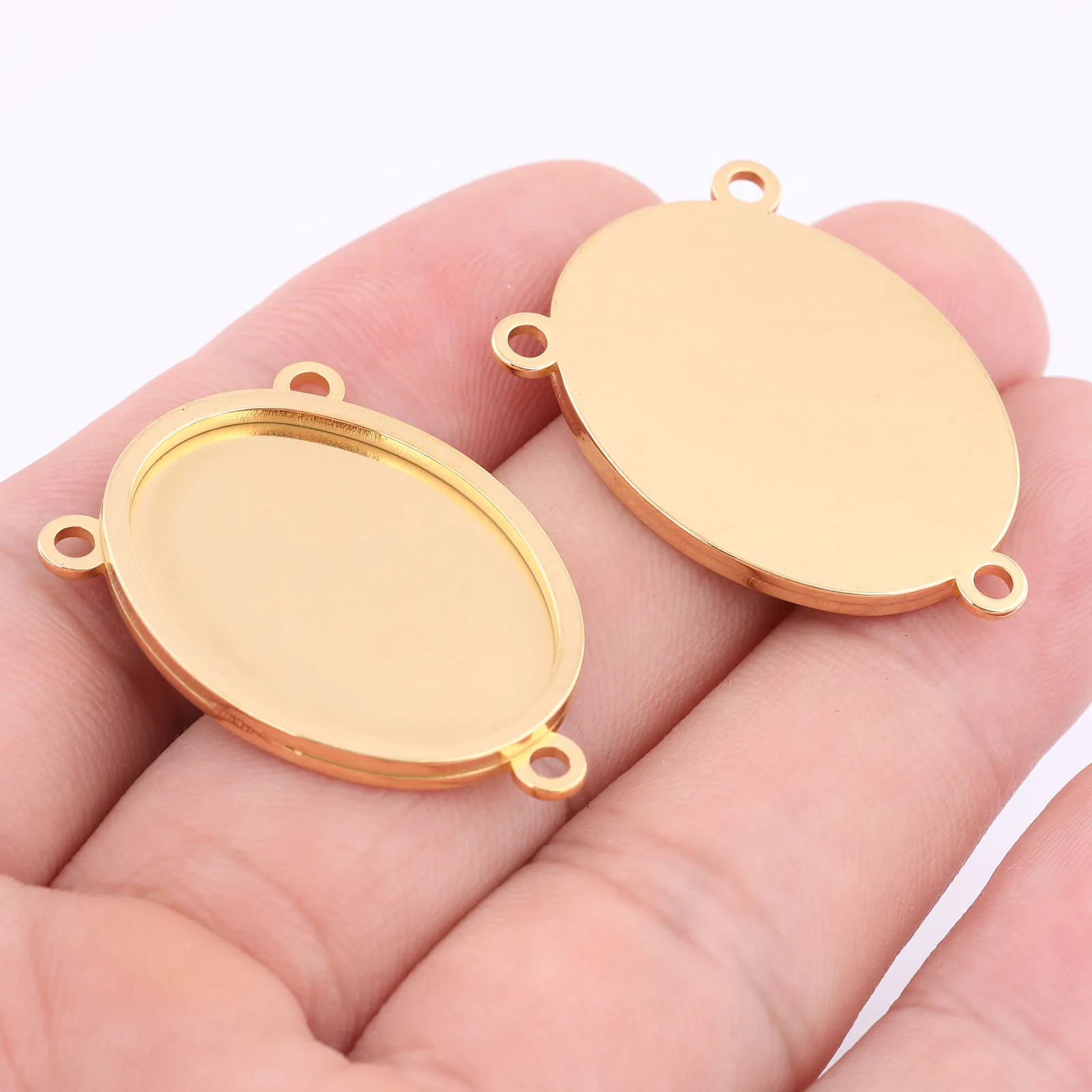 5pcs Stainless Steel Gold Plated 18x25mm Oval Cabochon Pendant Connector Base Setting Trays Diy Bezel Necklace Blanks
