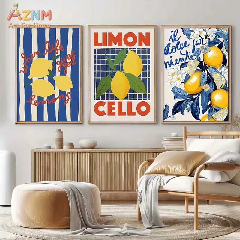 3PCS Retro Lemon Themed Canvas Prints Limoncello Quote Blue Striped Floral Art Posters Unframed for Kitchen Living Room Aestheti