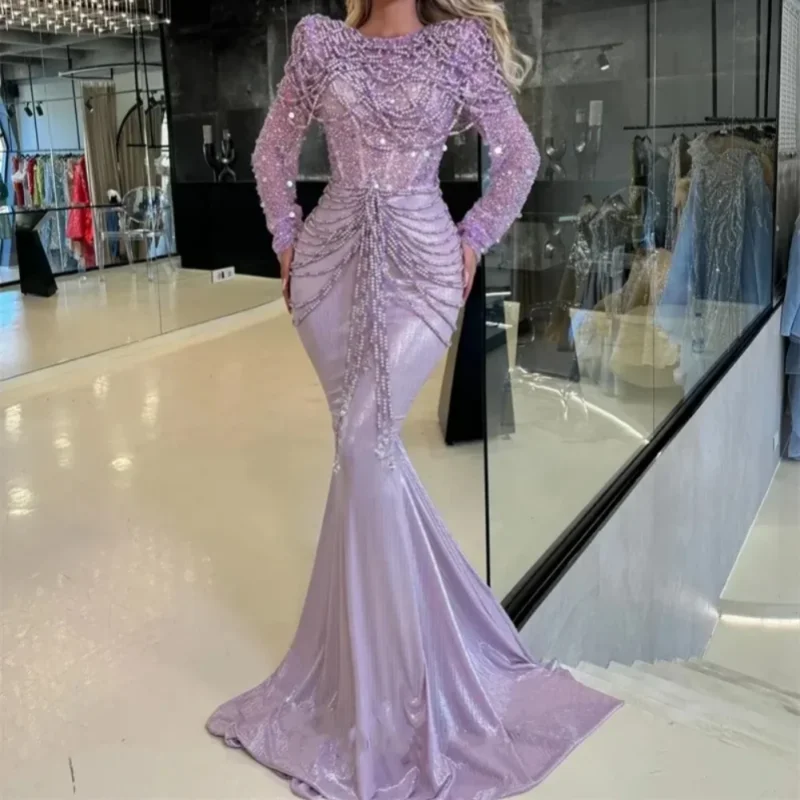

Beading Prom Dresses Gorgeous Elegant Sequined Pearls Scoop Neck Evening Dress Long Sleeve Celebrity Party Gown Customized