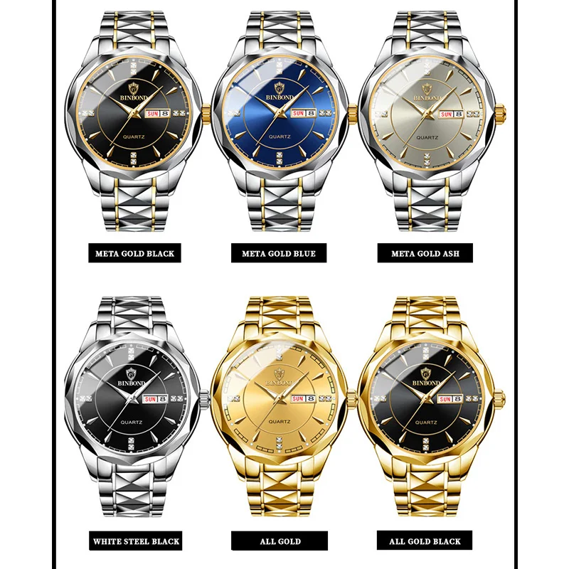 BINBOND Luxury Fashion Quartz Watch Men Waterproof Week Date Clock Stainless Steel Sport Business Watches Men Quartz Wristwatch