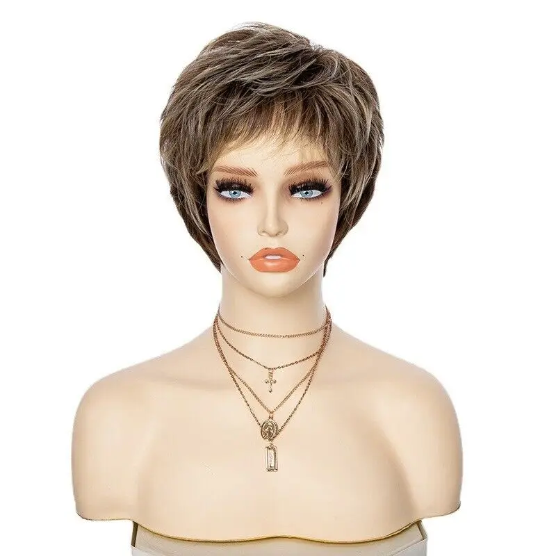 Synthetic high temperature silk short natural brown female wig