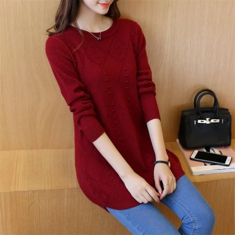 Autumn Winter New Solid Color Knitting Pullovers Top Women Clothing Long Sleeve O-Neck Loose All-match Sweaters Vintage Fashion