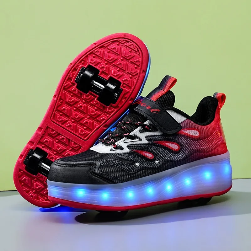 Kids Roller Skate Sneaker USB Charging Luminous Board Shoes Outdoor Skate Shoes 4 Wheels Removeable Boys Girls Sport Footwear