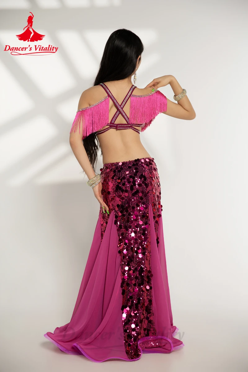 Belly Dance Performance Costumes for Women Big Sequins Bra Top+long Skirt 2pcs Oriental Belly Dance Competiton Weat Clothing