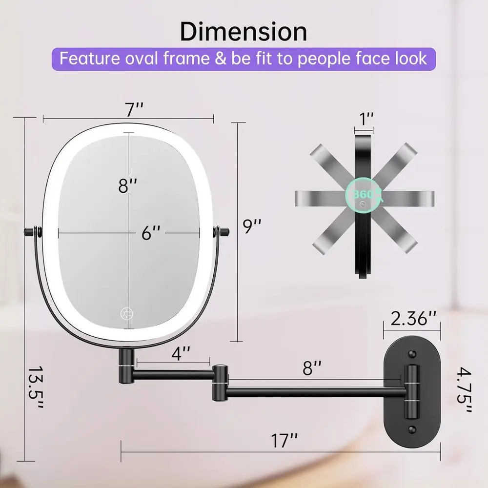 Doppelseitiger LED-Kosmetikspiegel mit 1-facher/7-facher Vergrößerung, verstellbarer Beleuchtung, ausziehbarem Arm, ovales Design in Kohleschwarz