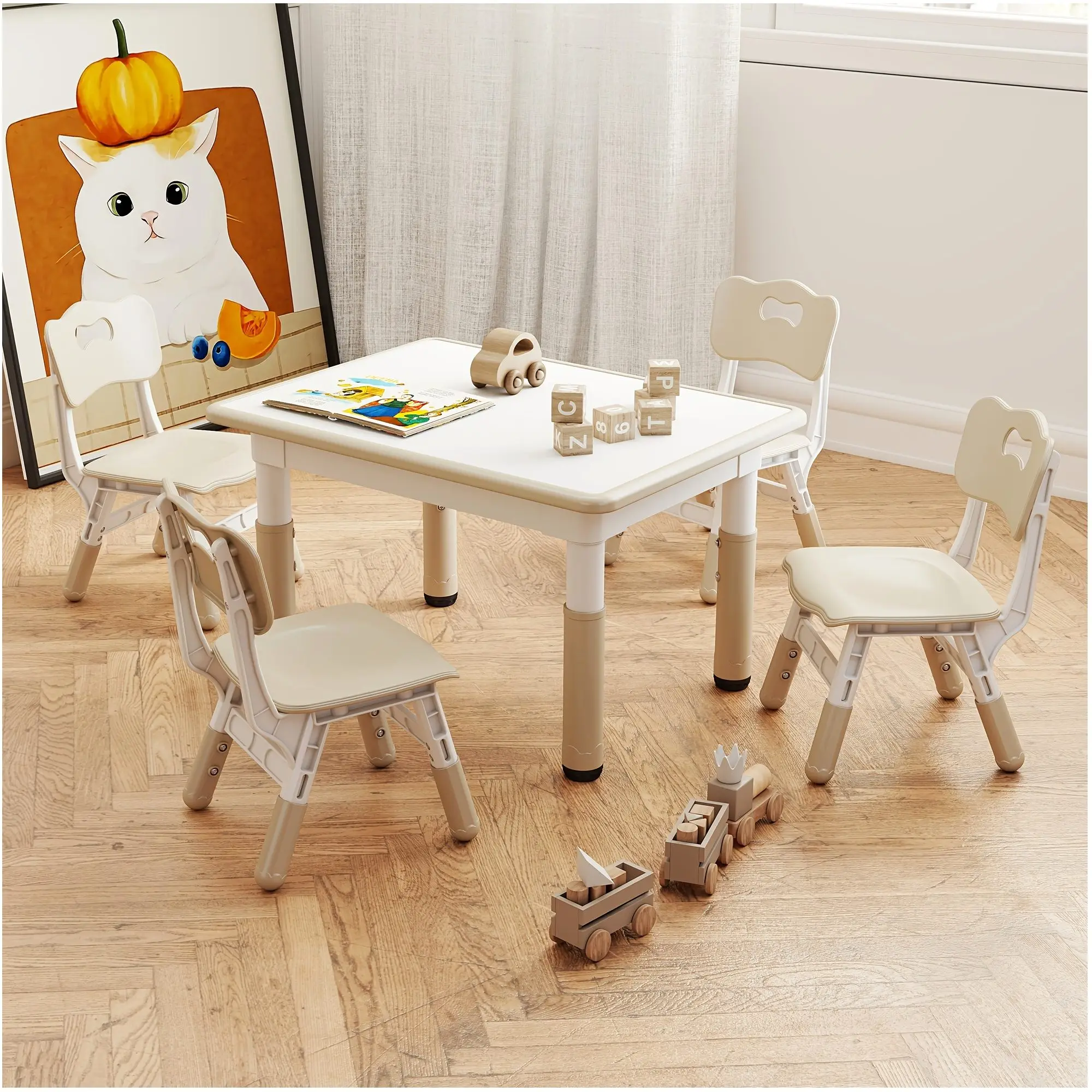 Adjustable Height Graffiti-Style Desk with 4 Matching Chairs – Modern Student Study Set, Compact Home Office Furniture for Teens & Adults, Easy Assembly, Space-Saving Design, Smooth Height Adjustment Mechanism, Durable MDF Top with Vibrant Art-Inspired Fi