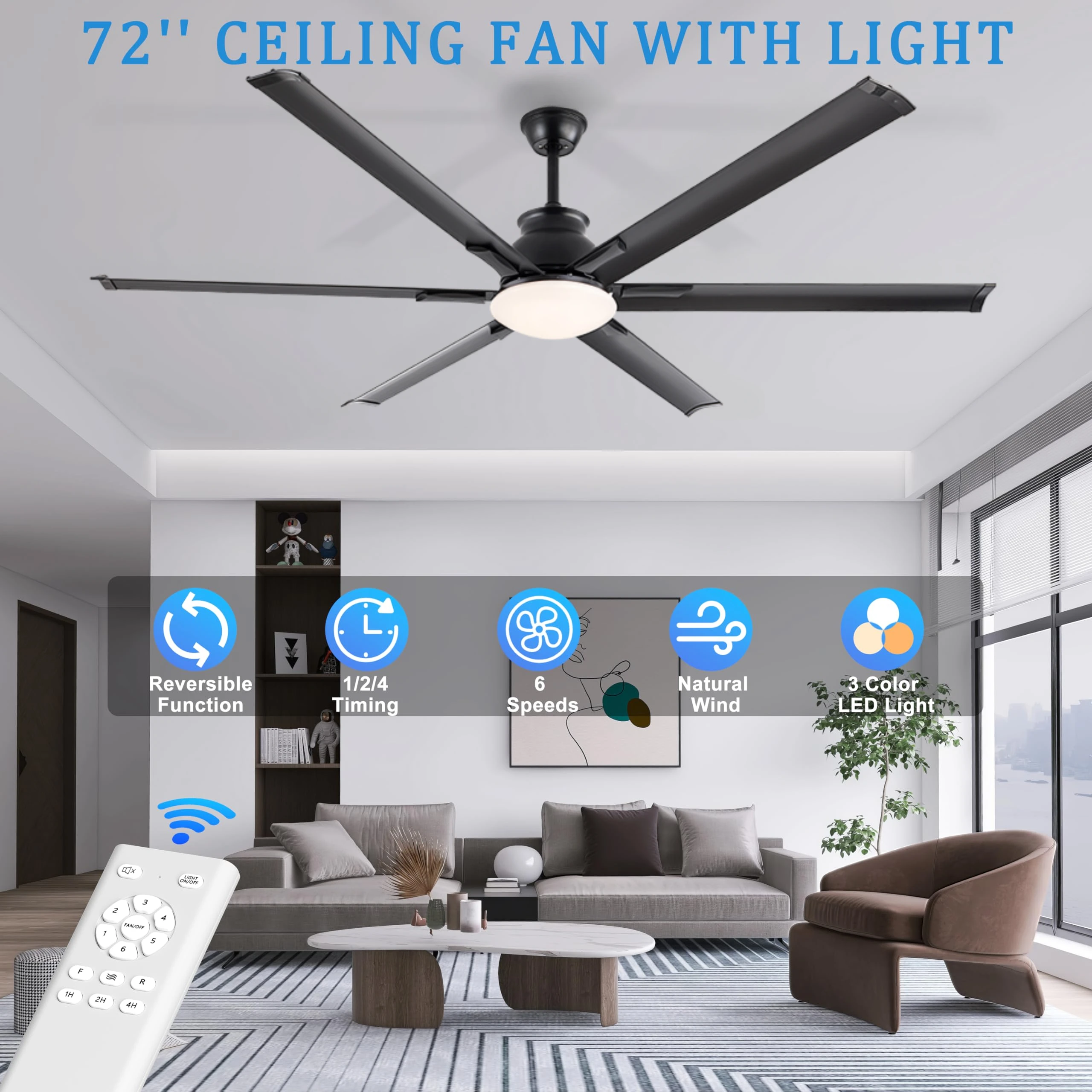 

72 Inch Large Ceiling Fan with Light Quiet Reversible DC Motor 6 Speeds 6 Aluminum Blades Big Industrial Ceiling Fan