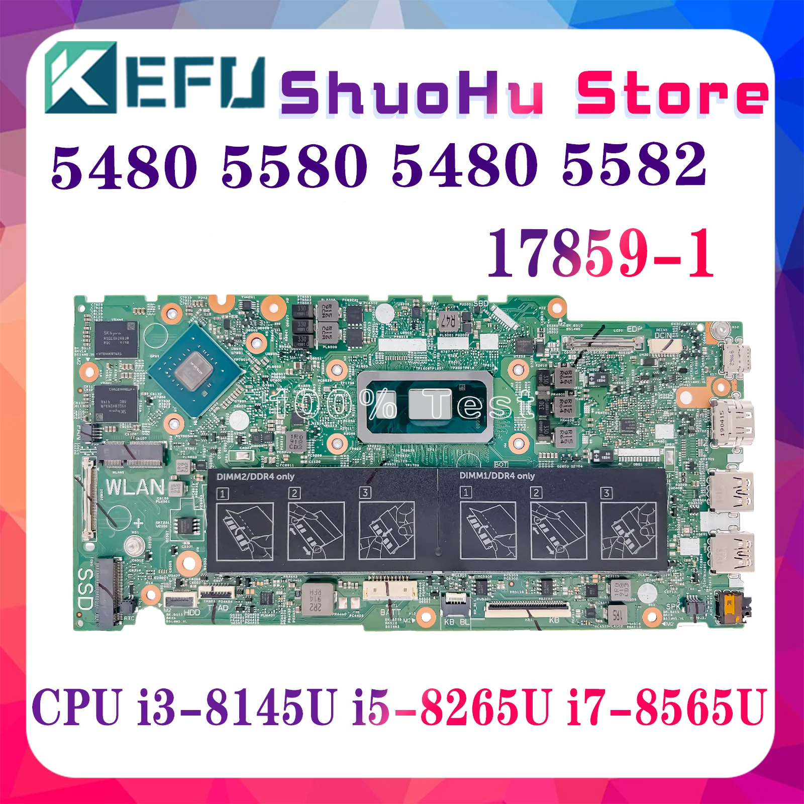 

KEFU 17859-1 Mainboard For DELL Inspiron 5480 5481 5482 5580 5582 Laptop Motherboard With i3-8145U i5-8265U i7-8565U GPU V2G