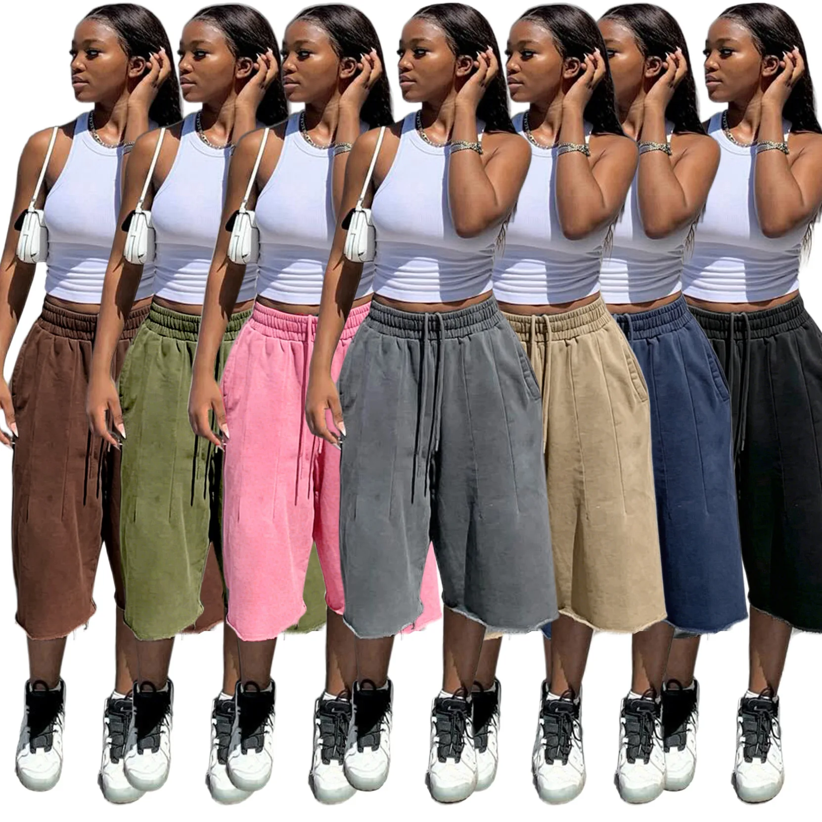 2026 Spring Summer New Arrival Women's Solid Color Elastic Drawstring High Waist Loose Wide Leg Casual Daily Streetwear Shorts
