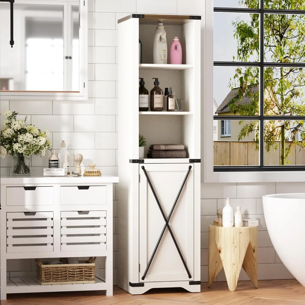 Narrow Bookshelf with Cabinet, Farmhouse Bookcase with Storage, Open Display Shelf, 67'' Tall Bathroom Storage Cabinet