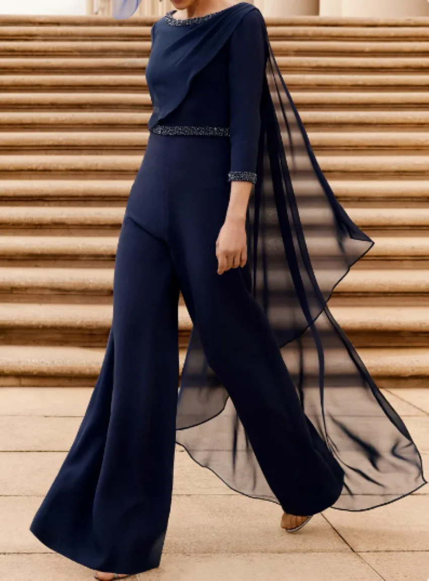 A-Line Beads Chiffon 3/4 Sleeve Long Groom Mother Dresses For Weddings 2023 Jumpsuits Plus Size Mother Of The Bride Dresses