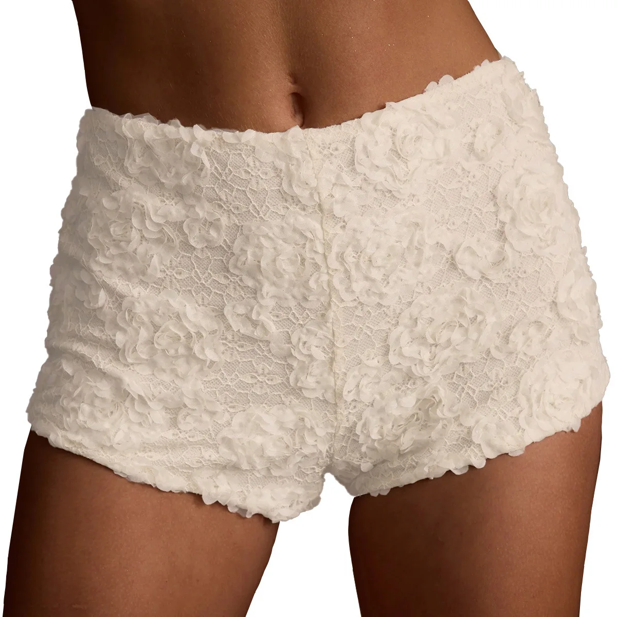 Neue Spitzen-Shorts mit 3D-Blumenmuster und elastischem Bund, schlankmachende und schmeichelnde heiße und sexy Shorts