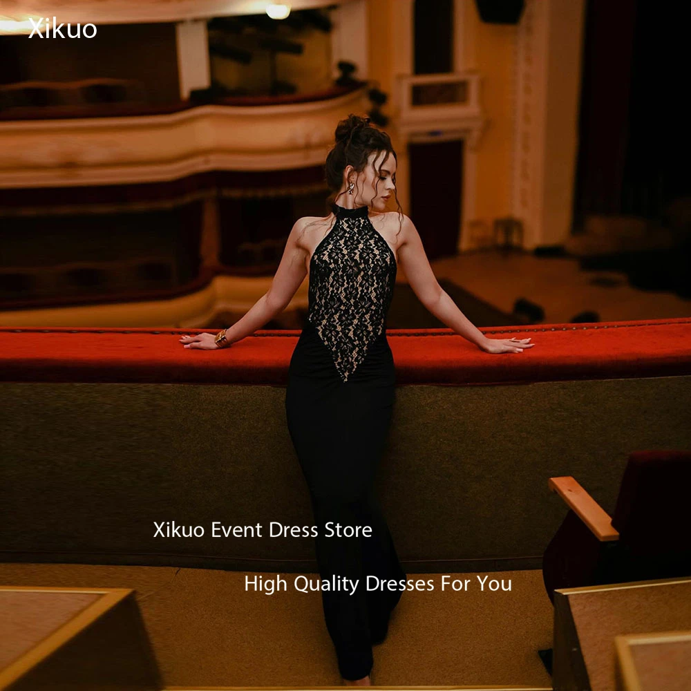 

Xikuo Sexy Backless Pleated Evening Dresses Halter Mermaid Formal Party Gowns Appliques Black Lace Robe De Soirée Customized