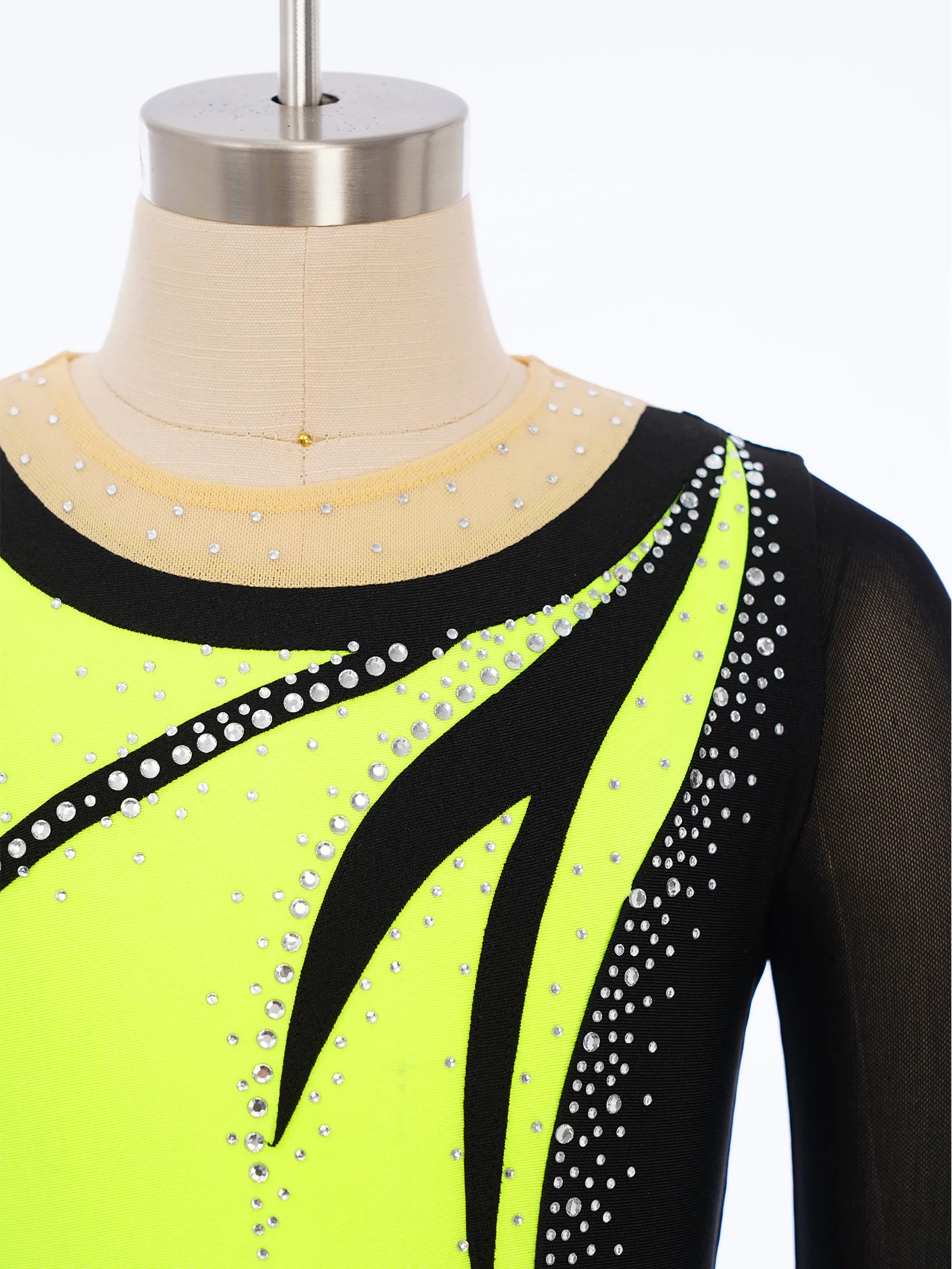 

Kids Girl Gymnastics Performance Costume Mesh Patchwork Long Sleeves Keyhole Back Shiny Rhinestones Color Block Dance Jumpsuit