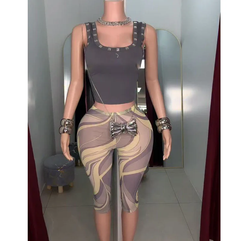 STYLISH LADY Abstract Geometric Print Mesh Capri Leggings Women High Waist See Through Mesh Club Knee Length Pants Streetwear