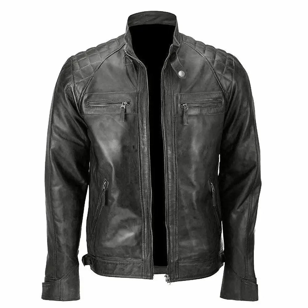 

Men Leather Jacket Biker Quilted Vintage Distressed Motorcycle Coat Cafe Racer Leather Outwear