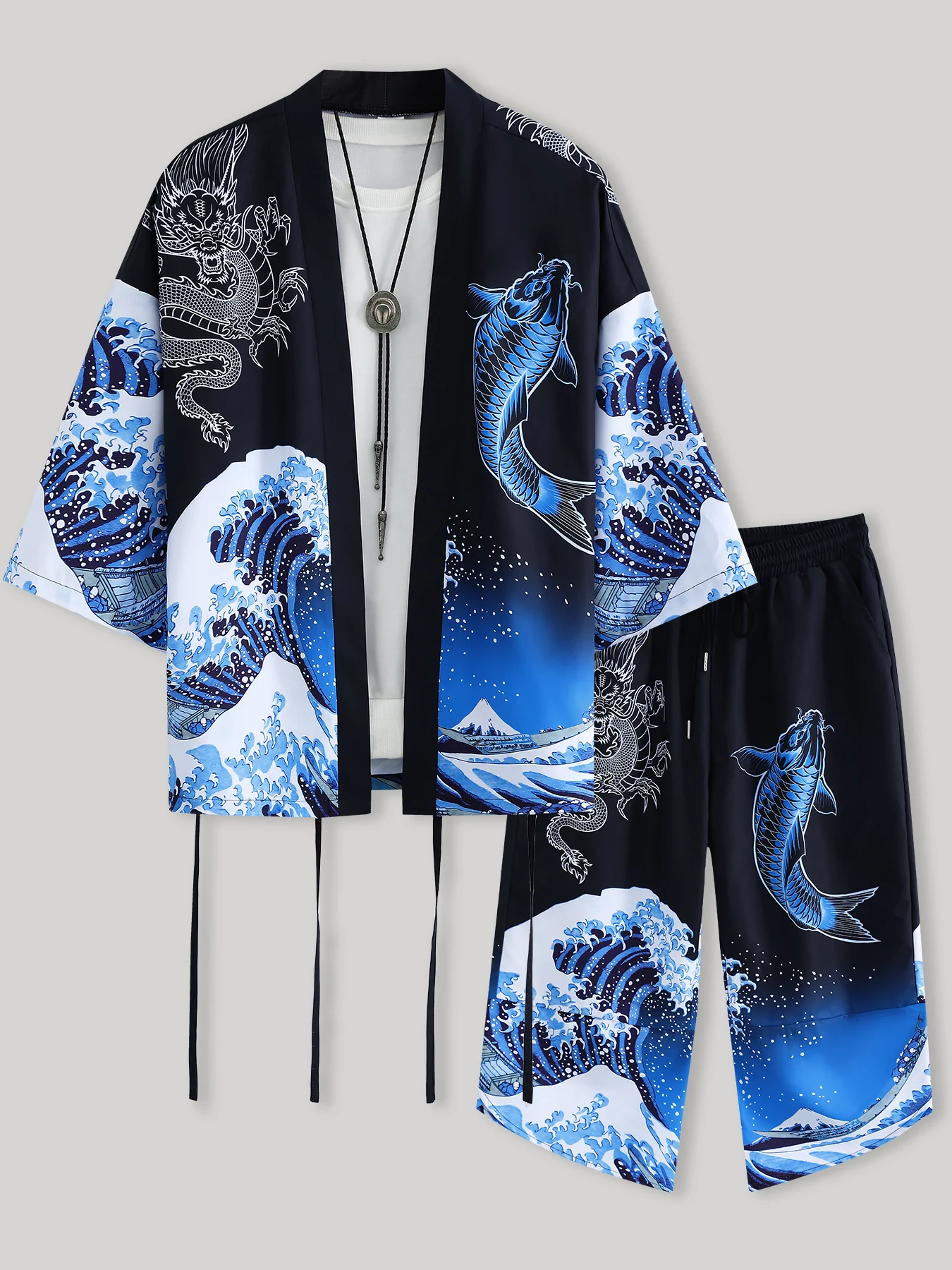 

Men's Japanese Style Ukiyo-E Wave Koi Kimono Set Open Front Cardigan & Wide Leg Pants 2 Piece Casual Outfit
