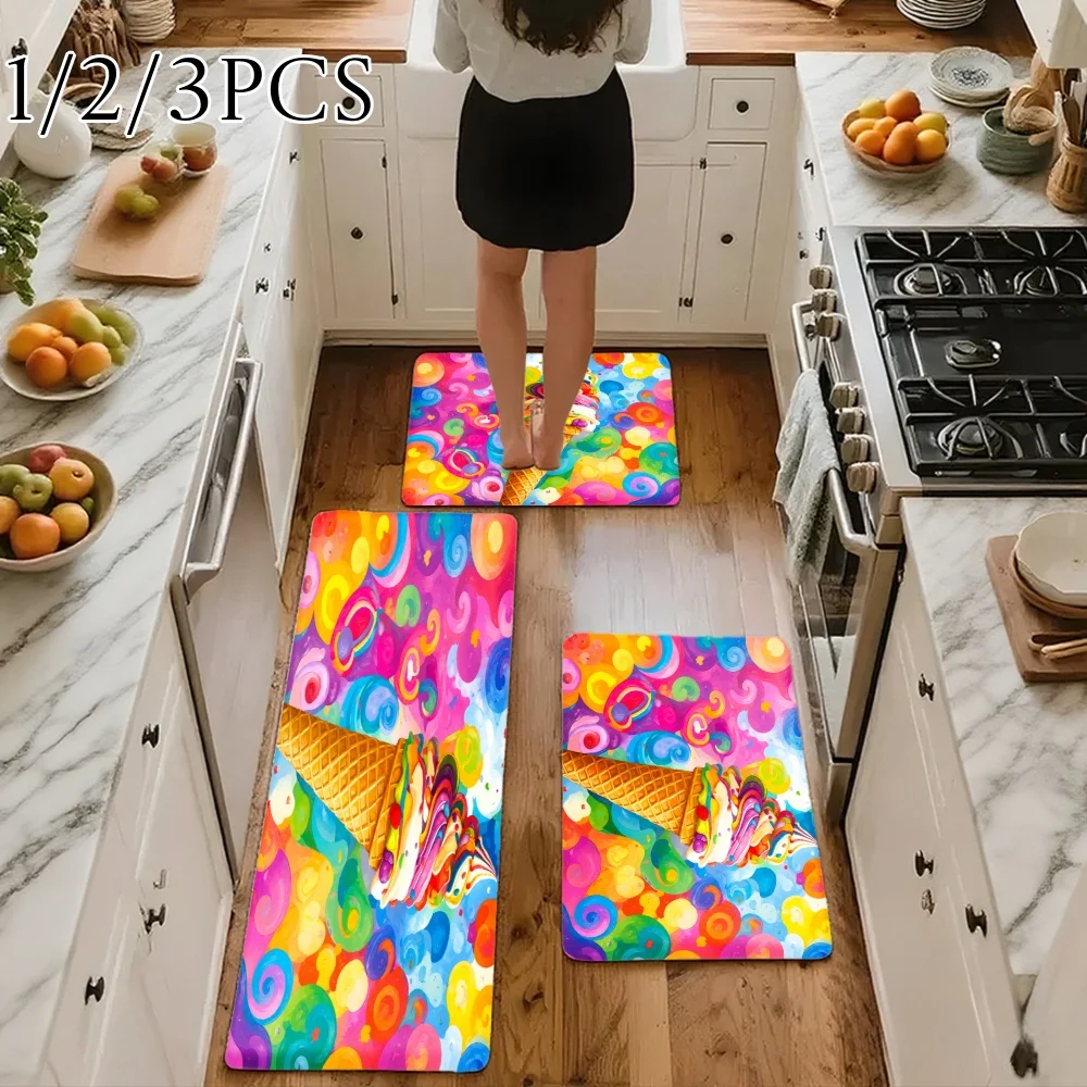 3PCS Kitchen Rugs,Home Decoration for Front Door, Kitchen, Colorful Ice Cream Cone With Rainbow Circles Pattern Dining Mat
