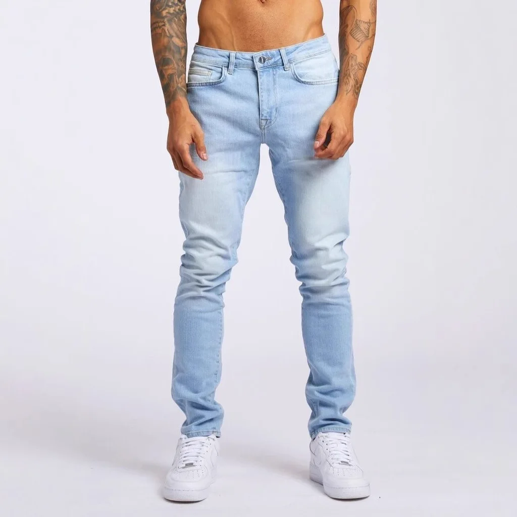 Men's Tight Fitting Denim Pants ins nstagram Fashion With Slightly Elastic Waist Available Colors Deep Blue Light Blue Black rey
