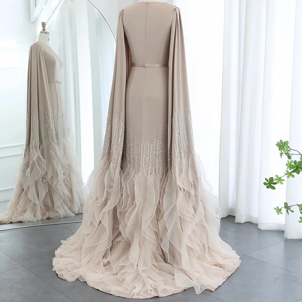 Exquisite Crew neck Chiffon Long Sleeves Straight Evening Dresses Sweep Train Pleats Ruffles Pearls Photo Color Floor Length